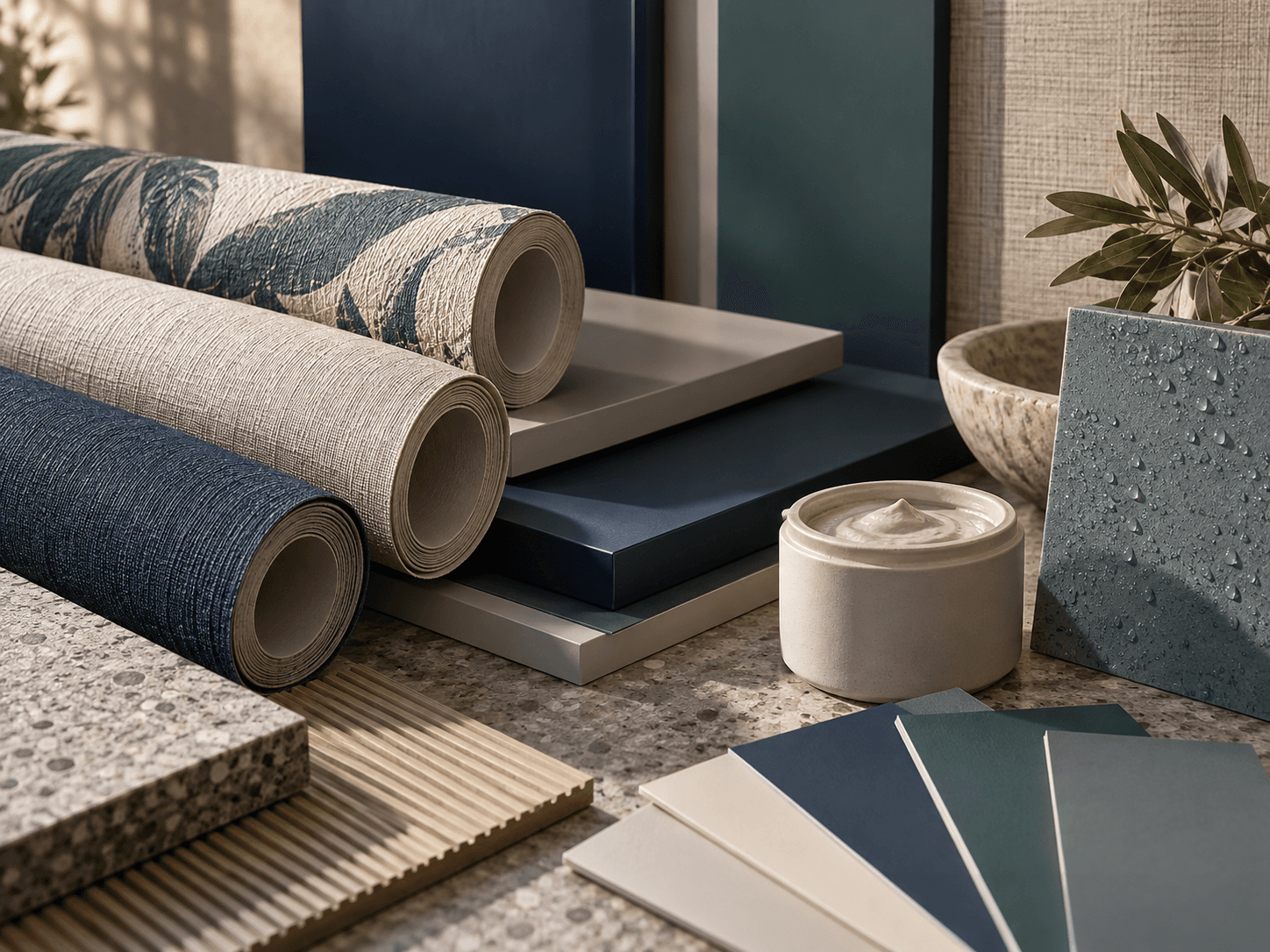 Illustrative library of wallpaper, paint and surface-finish samples