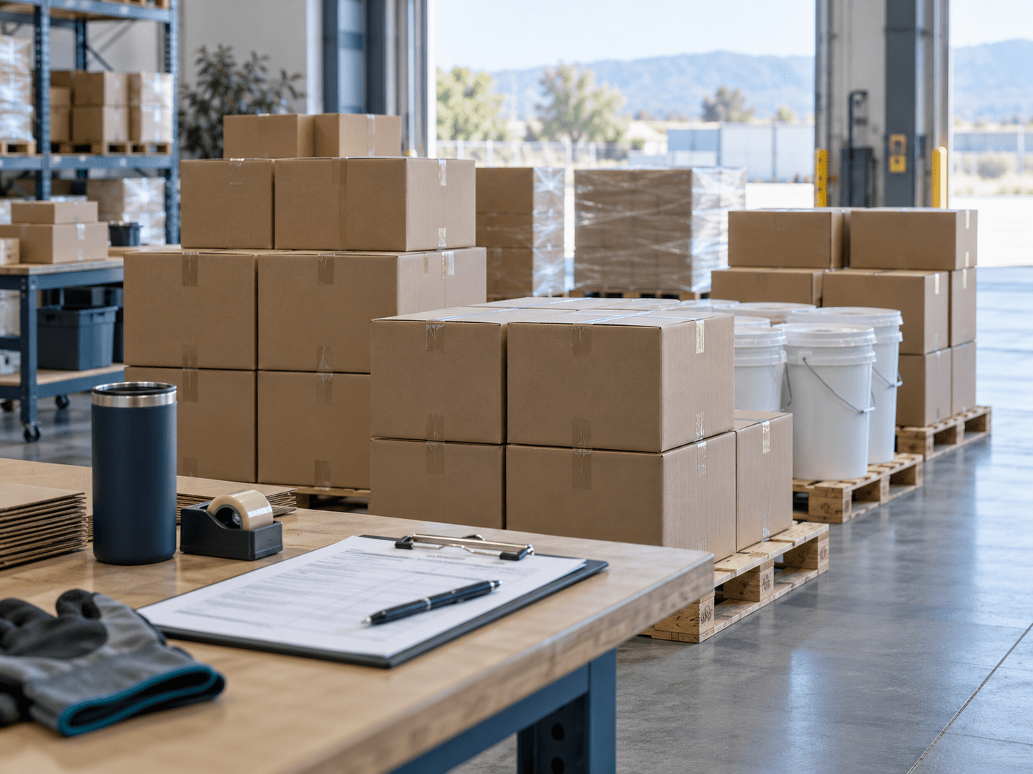Illustrative order-staging scene with plain cartons and product pails