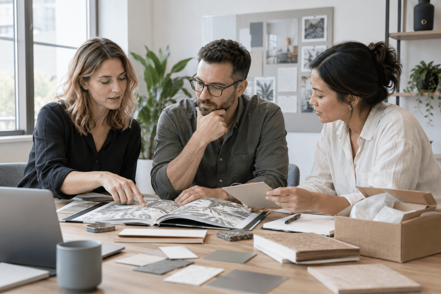 Illustrative team discussion around material and packaging samples