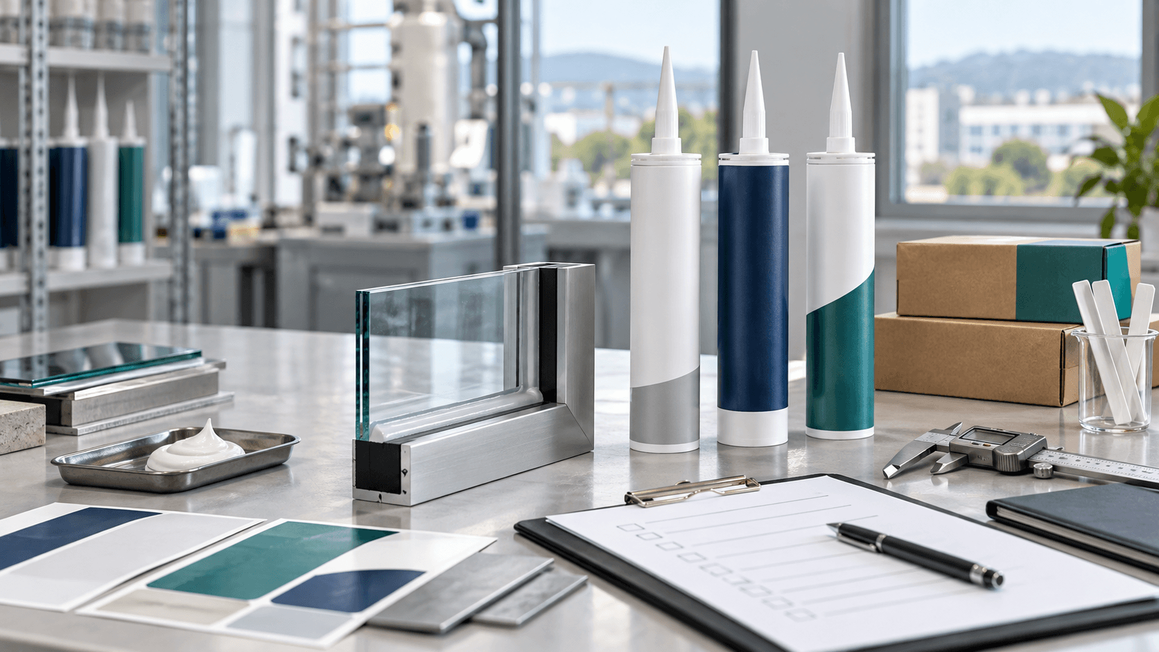 Silicone sealant cartridges, joint samples and inspection tools arranged for a private label quality review
