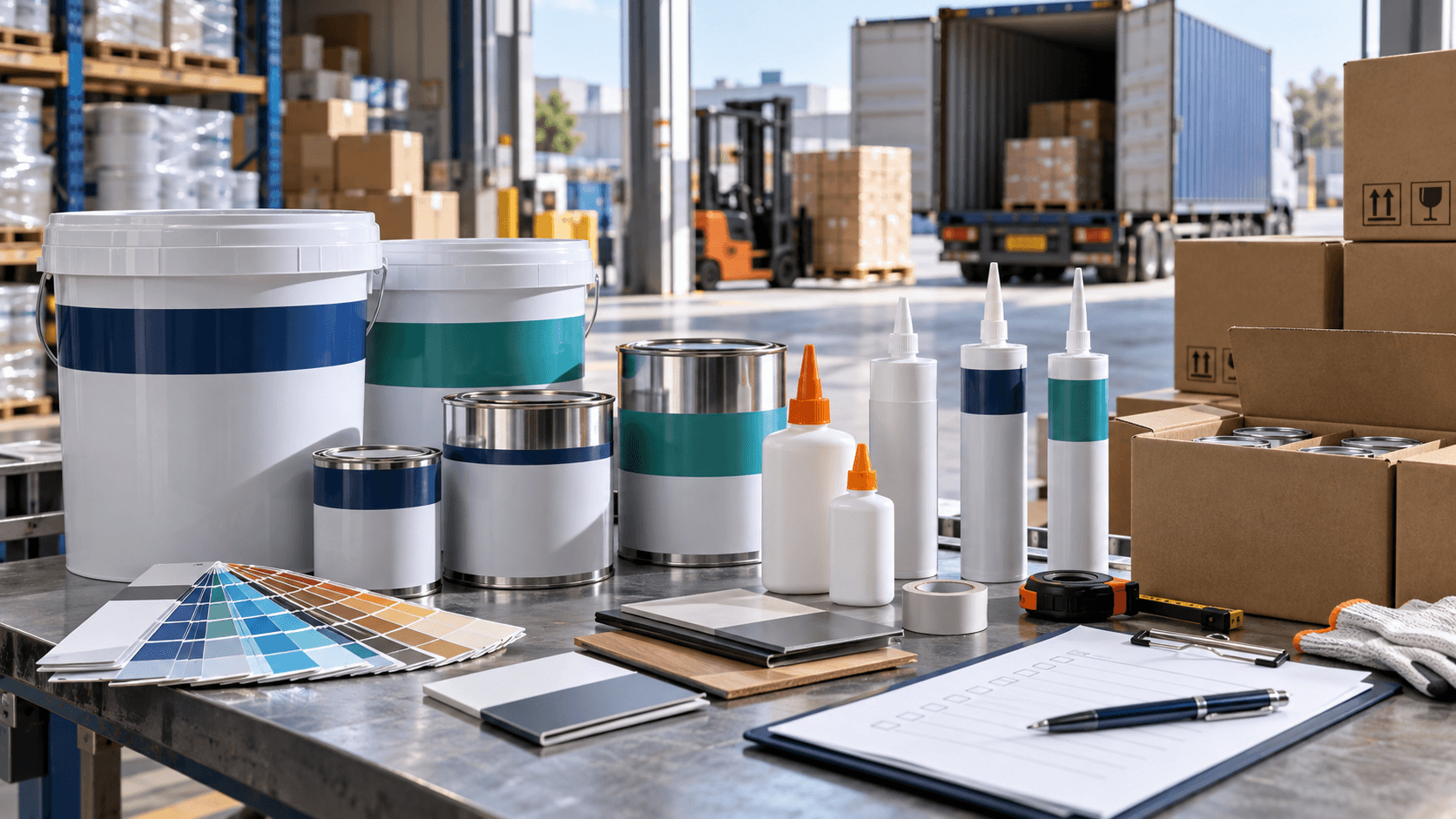 Paint, coating and adhesive packages arranged for export inspection beside cartons and a loading area