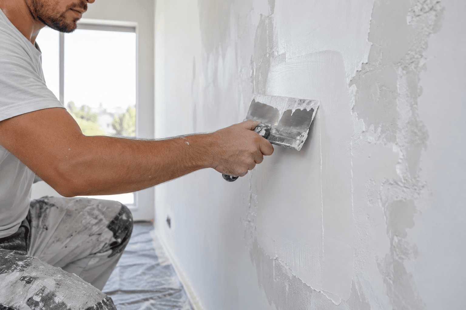 Finisher leveling an interior wall with ready-mixed putty and a broad knife