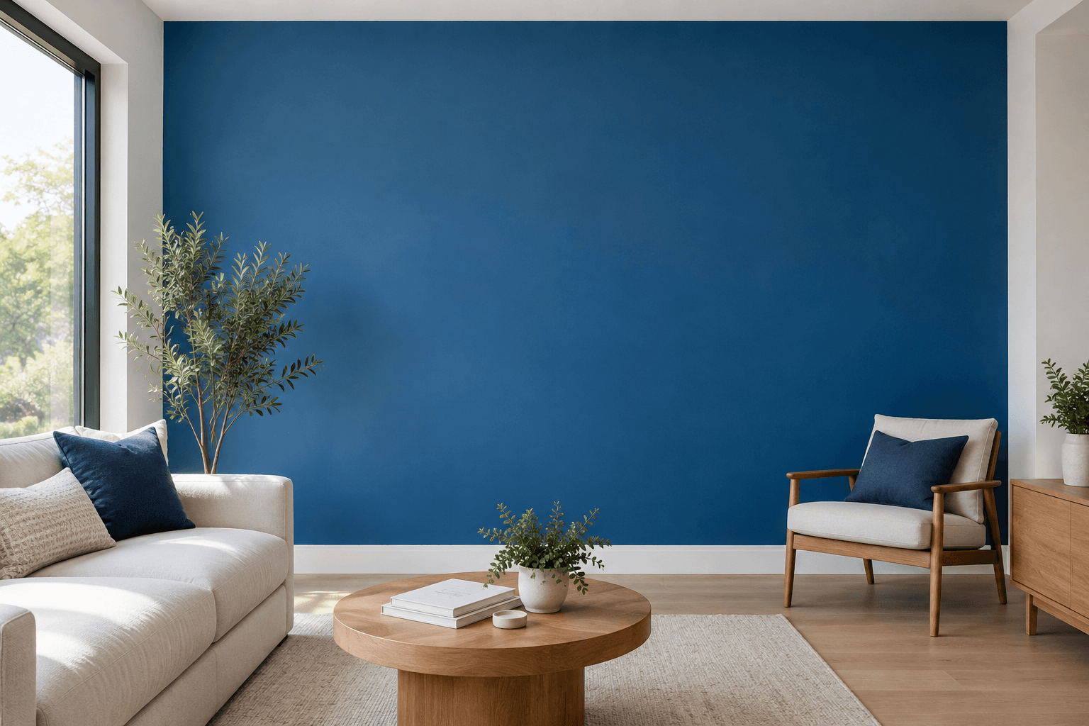 Finished interior wall in an even deep blue shade