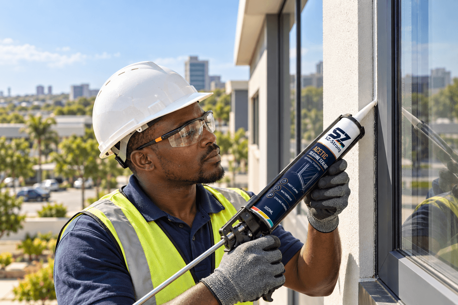 Professional glazier applying SZ-Strong acetic silicone glass sealant to an aluminium window in a warm African climate