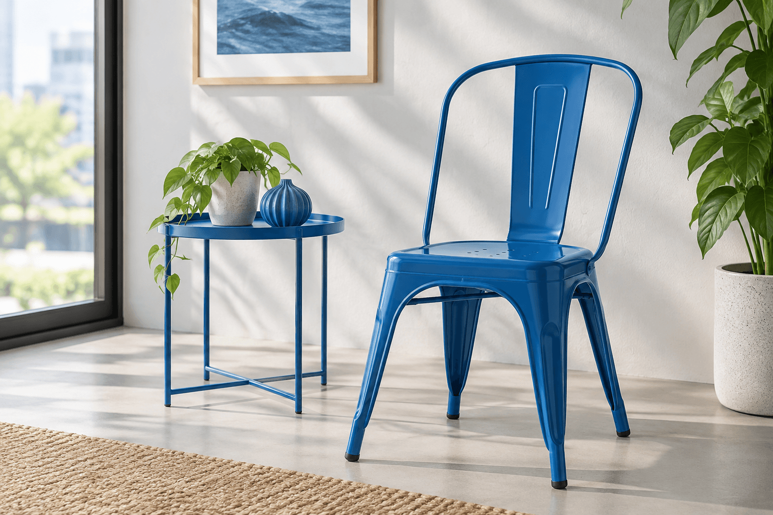 Finished blue painted metal chair with a smooth spray finish