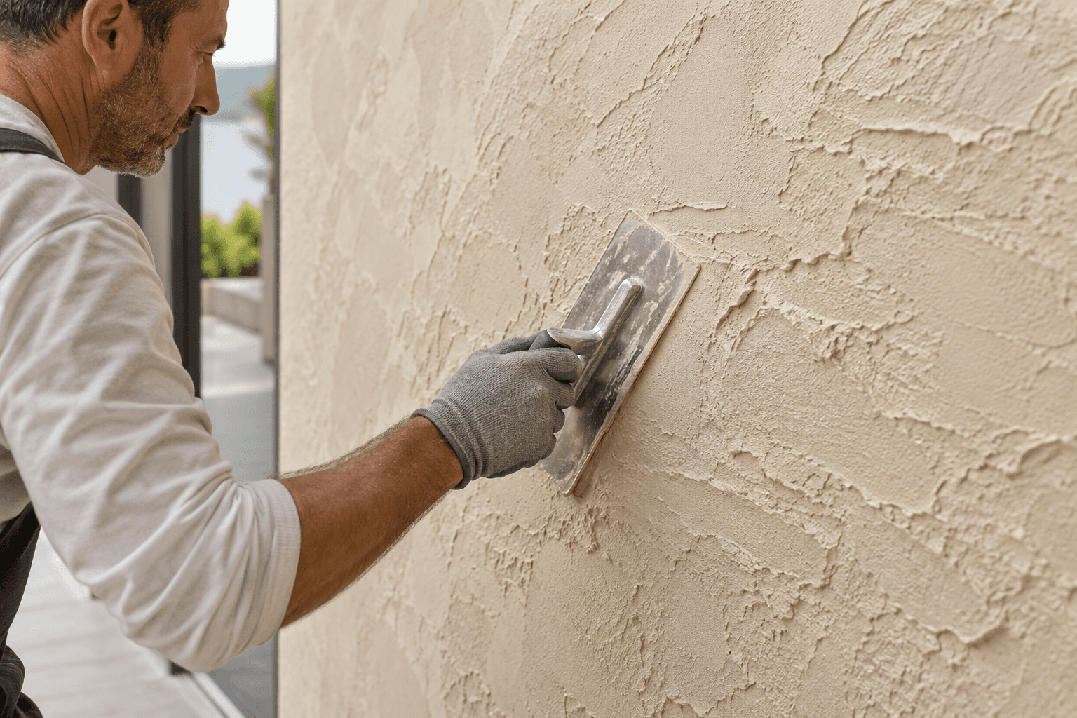 Decorator shaping a warm beige texture coating with a steel trowel