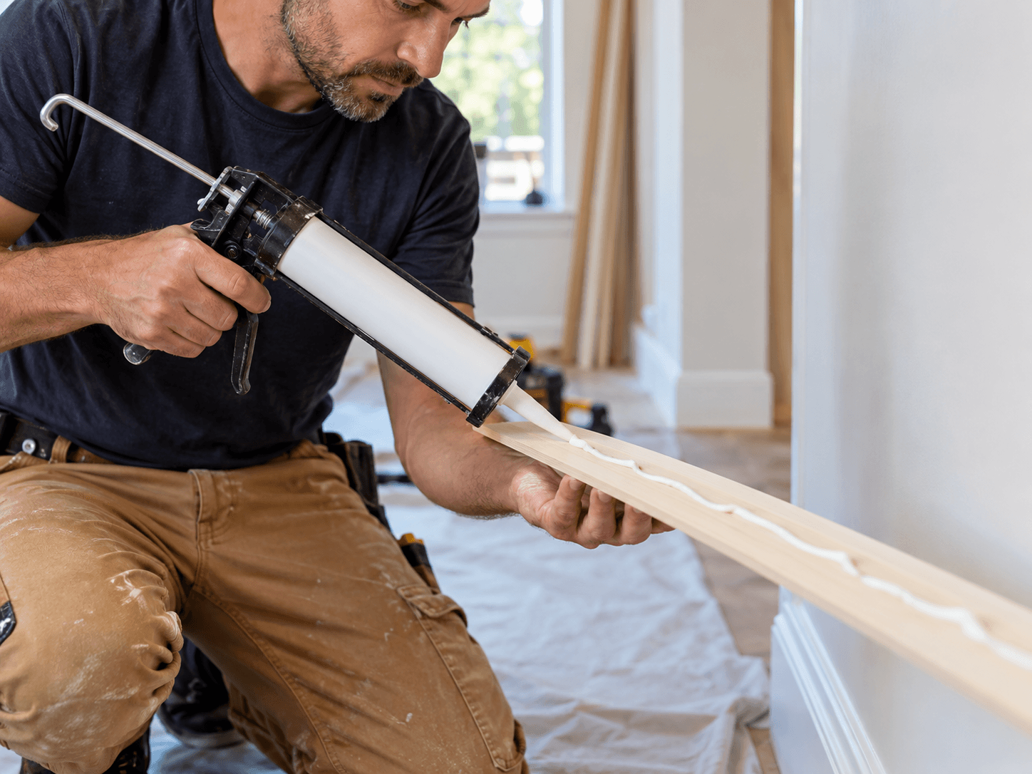 Construction adhesive applied to timber wall trim