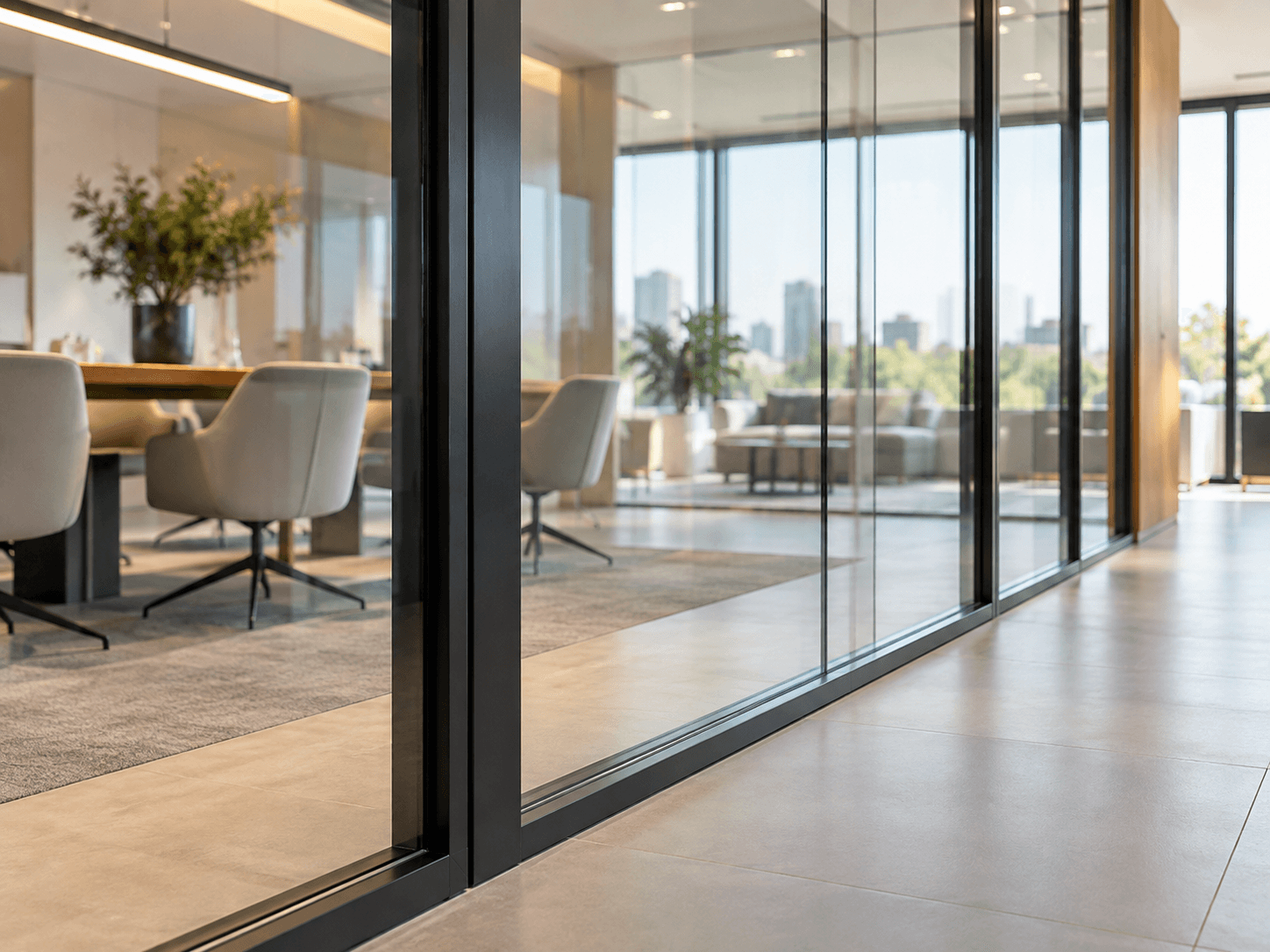 Finished floor-to-ceiling glass partition with clean silicone joints