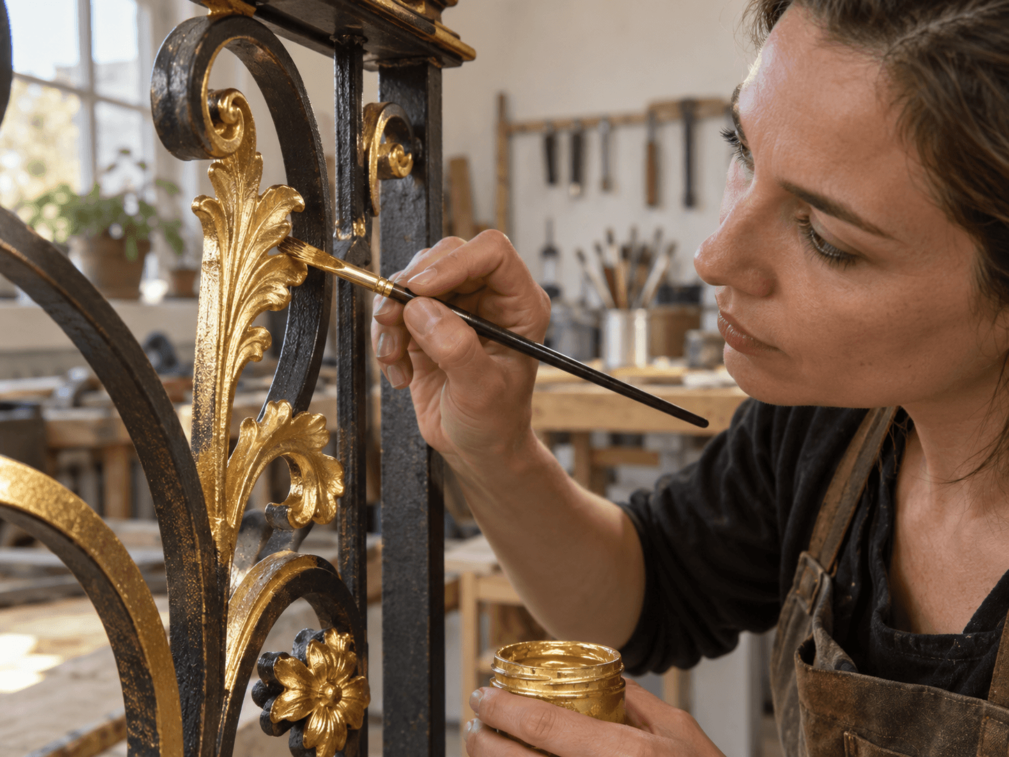 Craftsperson applying gold metallic paint to decorative metalwork