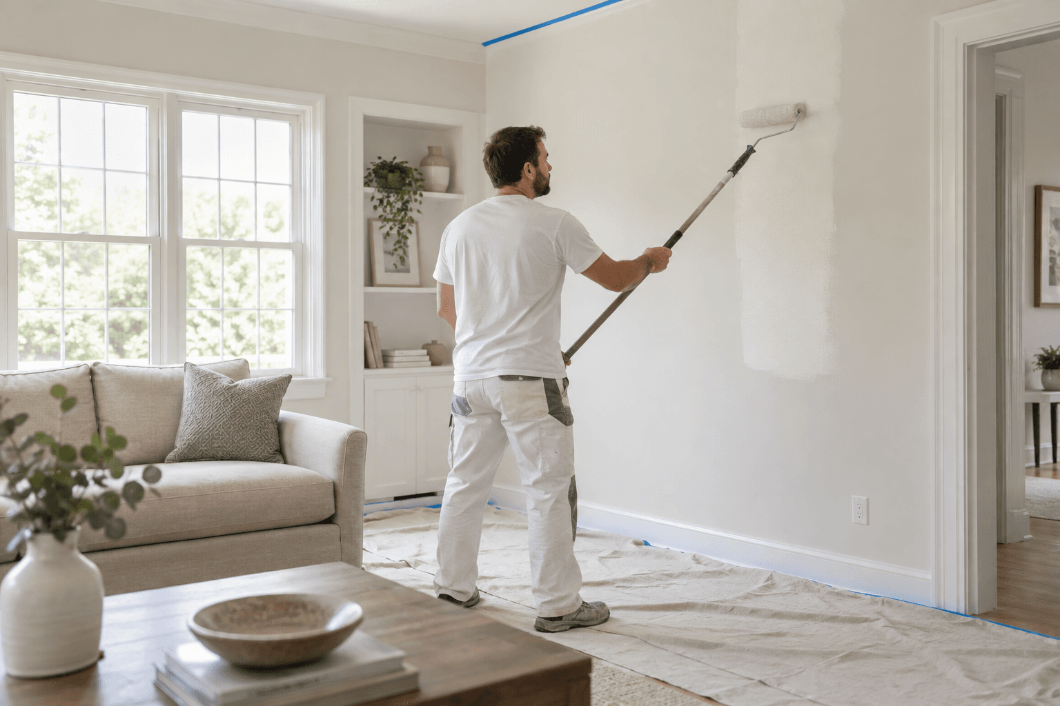 Decorator rolling latex paint onto an interior wall