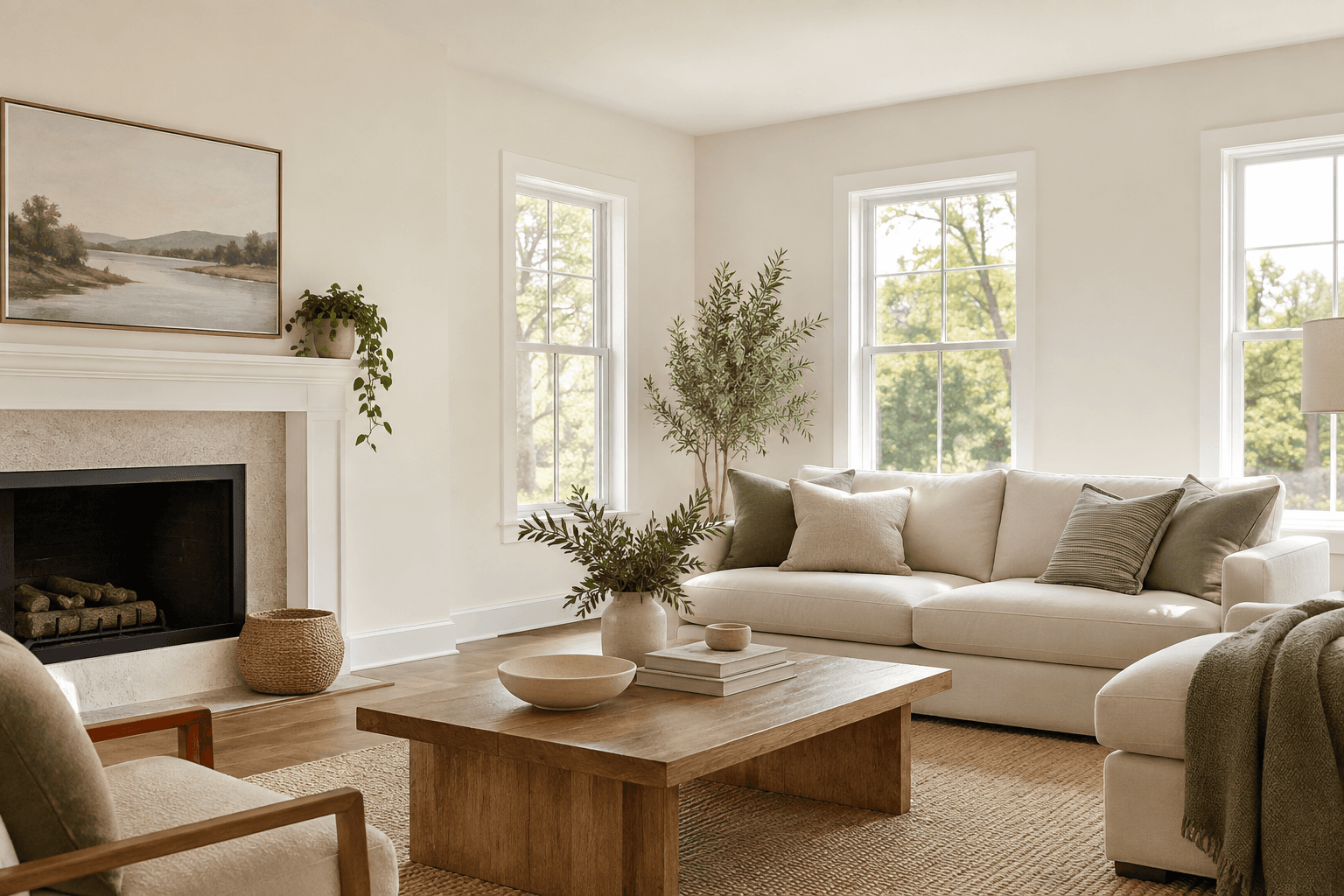 Finished living room with smooth, evenly painted walls