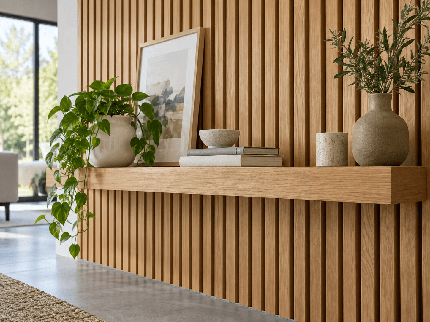 Finished interior timber trim and floating shelf