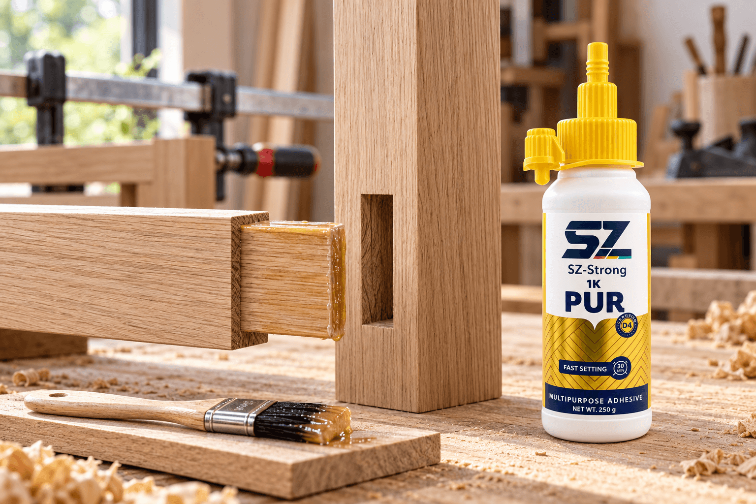 SZ-Strong PUR bottle beside a prepared hardwood joint