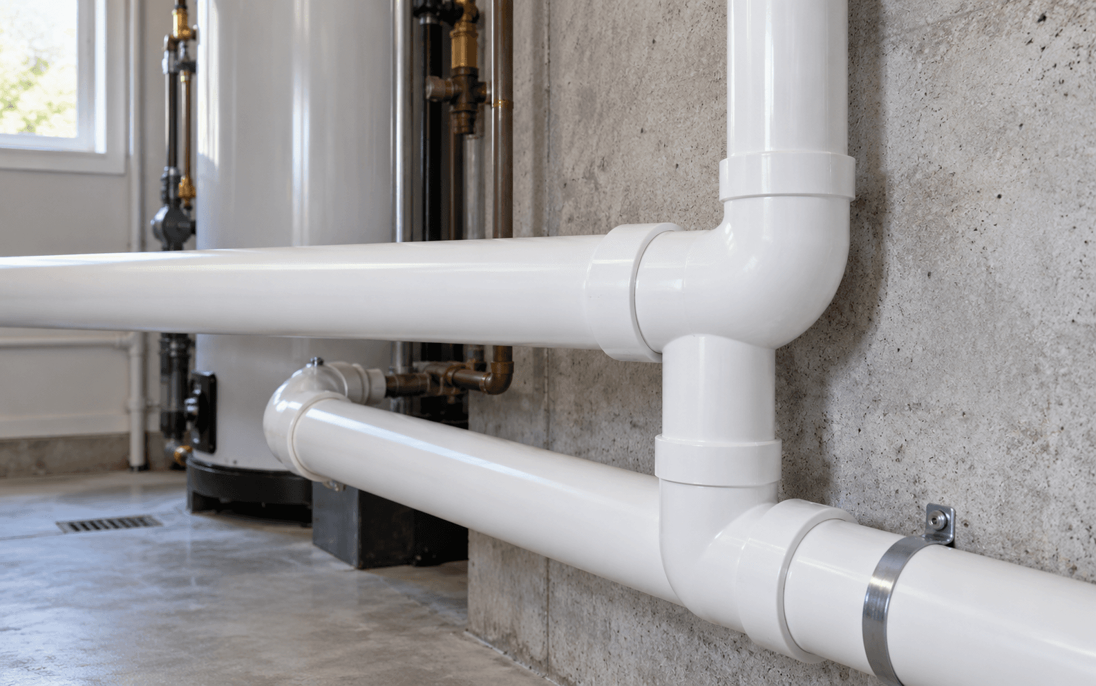 Finished aligned PVC pipe-and-fitting installation
