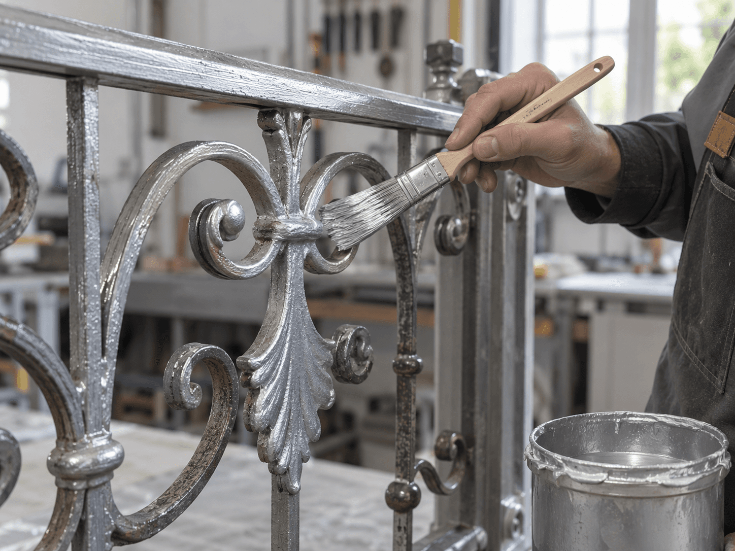 Craftsperson applying silver metallic paint to decorative metalwork
