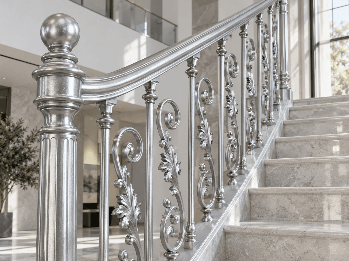 Finished decorative metal balustrade with a silver metallic finish