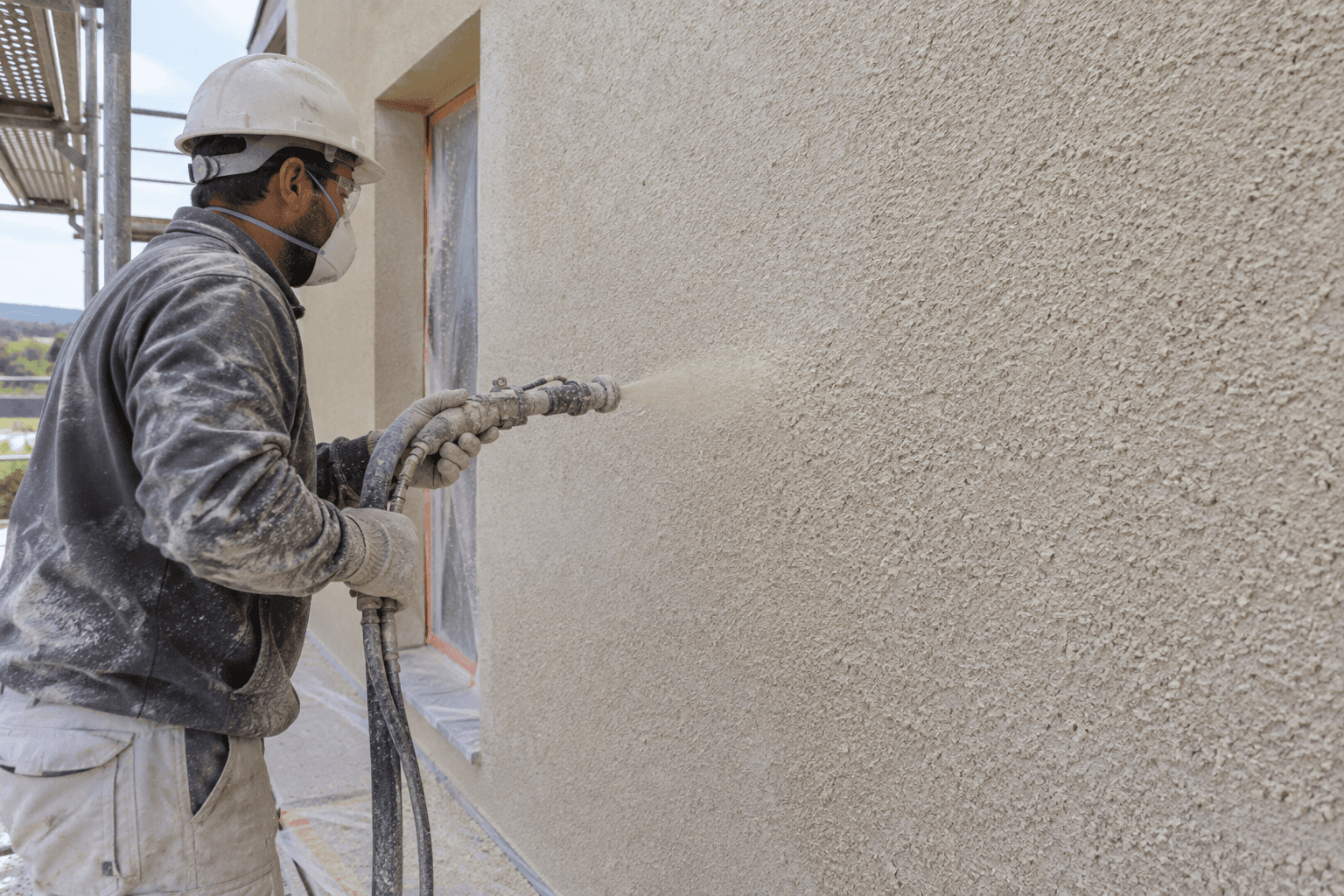 Contractor spraying stone-effect textured coating onto an exterior wall