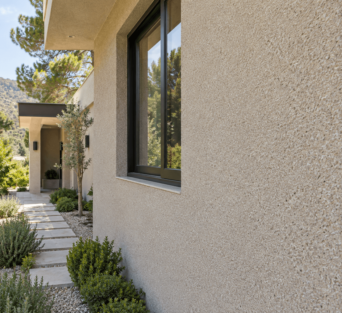 Finished exterior wall with a continuous stone-effect textured coating