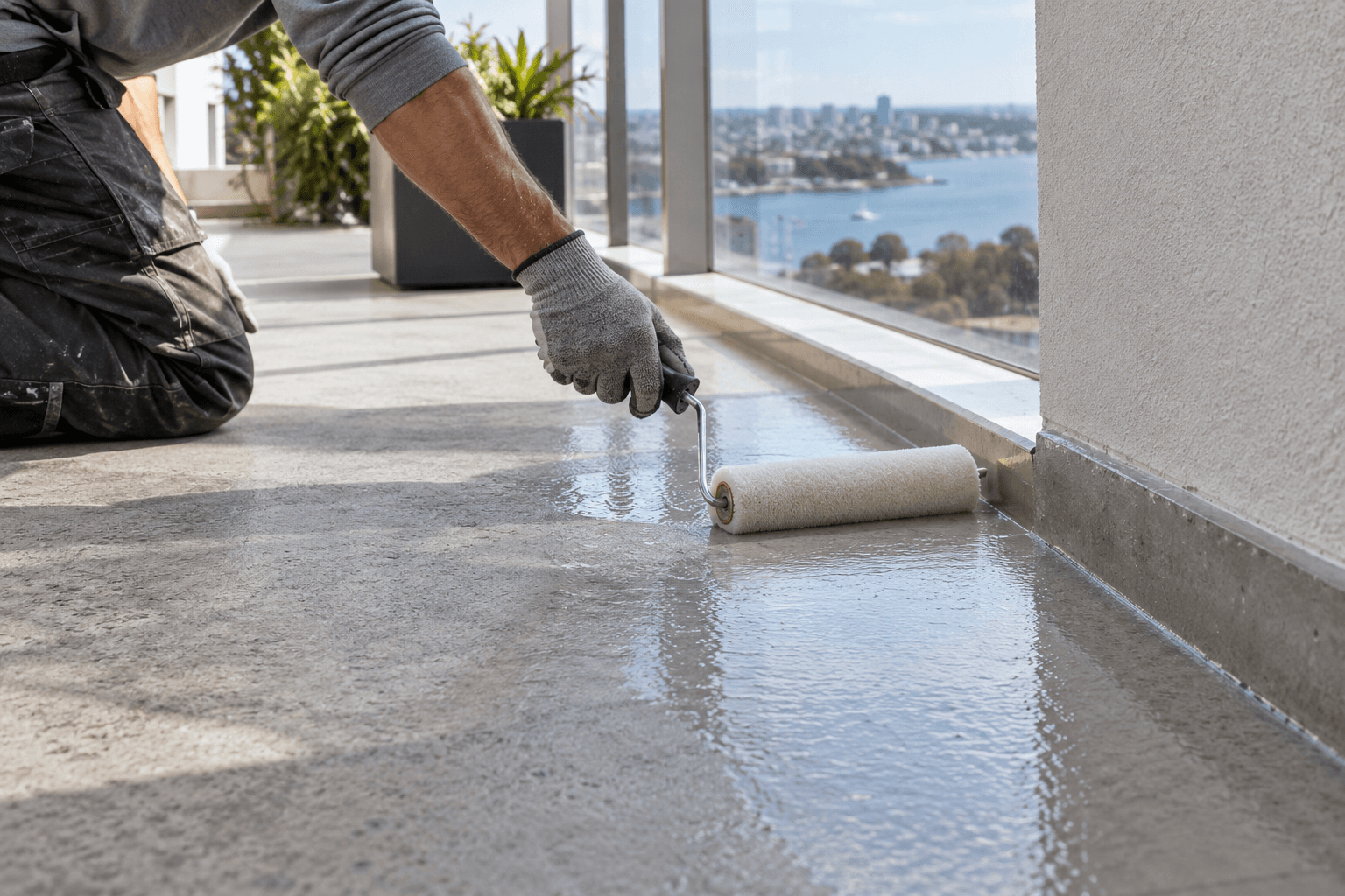 Contractor rolling a clear waterproof coating onto an exterior balcony surface